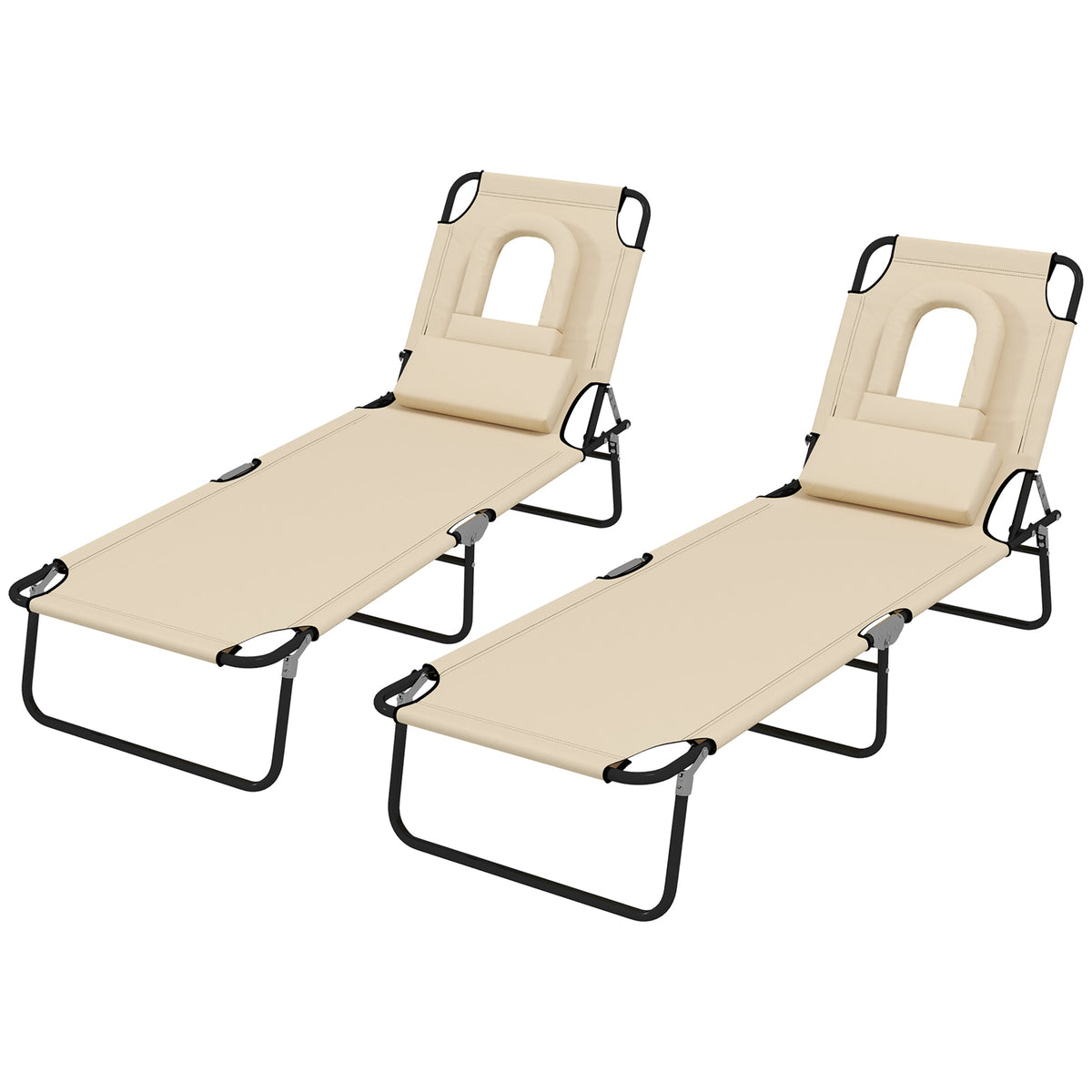 2pcs Adjustable Outdoor Lounge Chairs with Face Hole, Beige