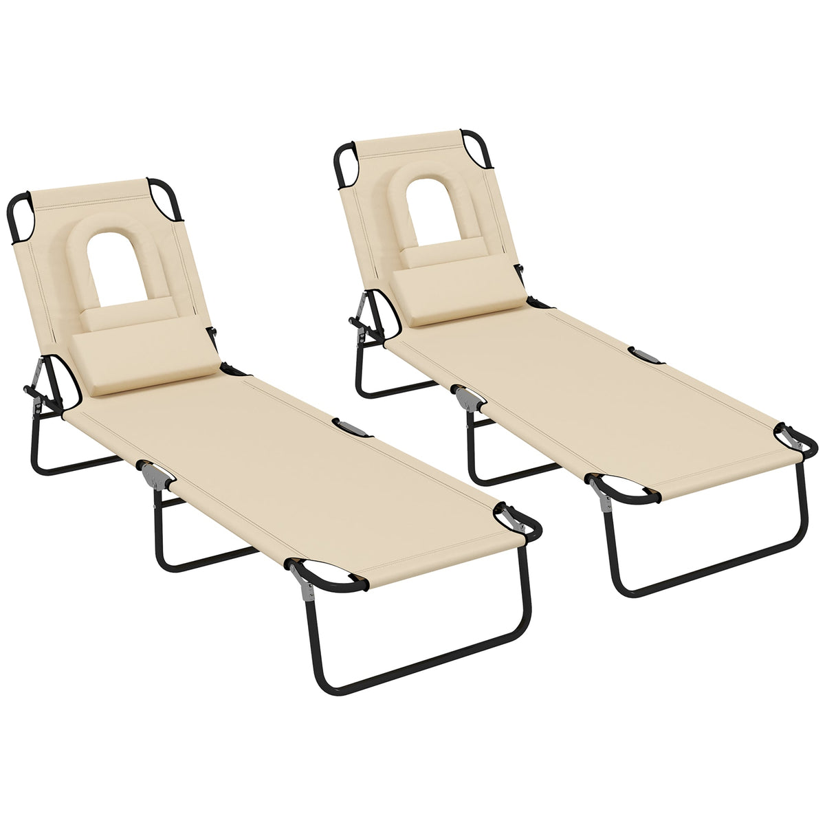 2pcs Adjustable Outdoor Lounge Chairs with Face Hole, Beige