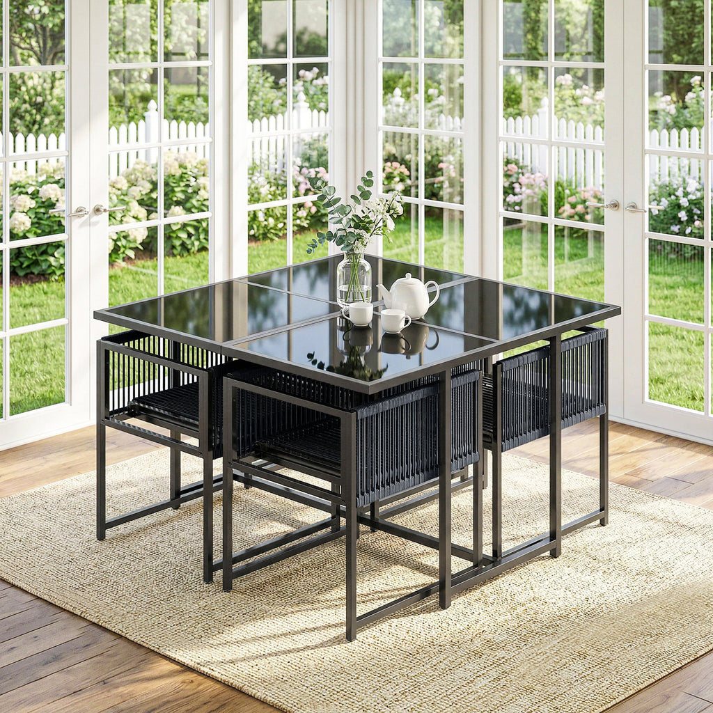5-Piece Dark Grey Rattan Dining Set with Tempered Glass Top & Foldable Chairs