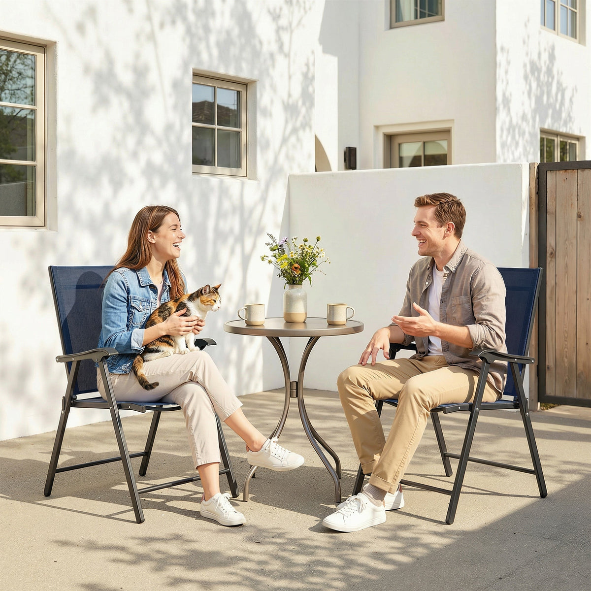 Set of 2 Folding Garden Chairs with High Back and Armrests, Navy Blue