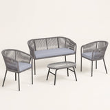 ARVOYA 4-Piece Rope Sofa Set with Loveseat, 2 Chairs & Tempered Glass Table, Dark Grey