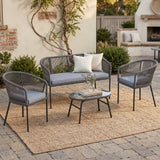 ARVOYA 4-Piece Rope Sofa Set with Loveseat, 2 Chairs & Tempered Glass Table, Dark Grey