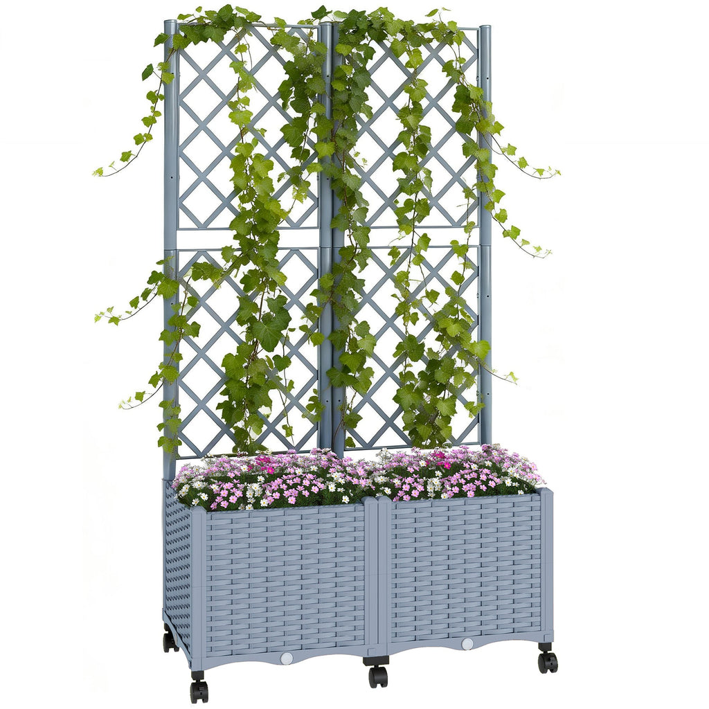 56.3" Self-Watering Planter Box with Trellis and Wheels, Gray