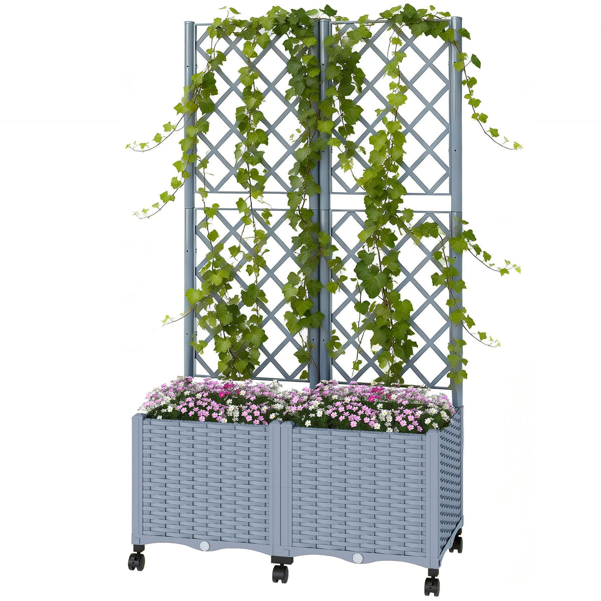 56.3" Self-Watering Planter Box with Trellis and Wheels, Gray