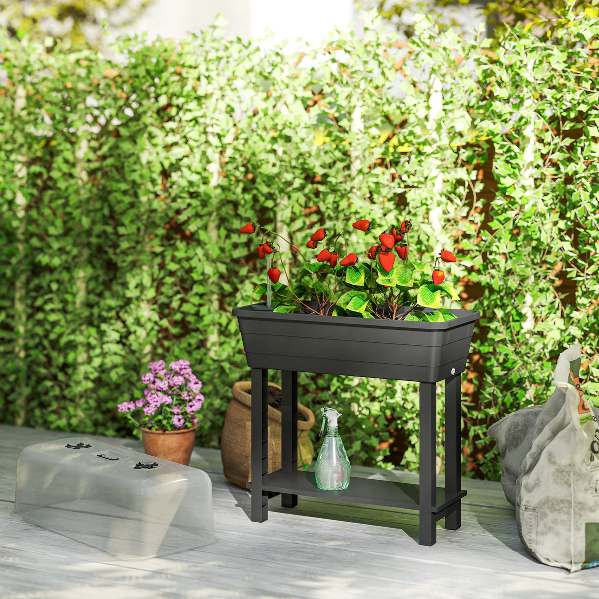 41L Self-Watering Raised Garden Bed with Lid and Shelf, Black