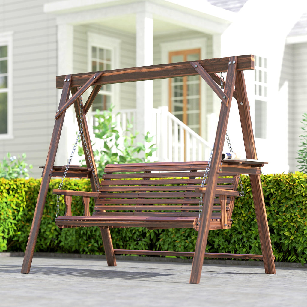 3 Seat Porch Swing with Stand and Side Tables, Carbonized Brown