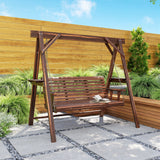 3 Seat Porch Swing with Stand and Side Tables, Carbonized Brown