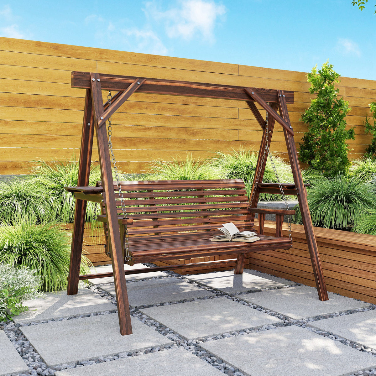 3 Seat Porch Swing with Stand and Side Tables, Carbonized Brown