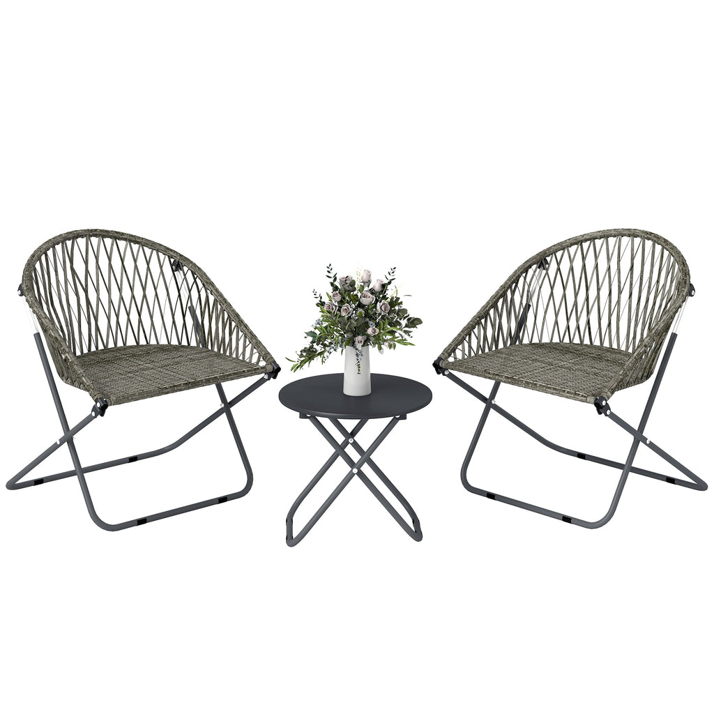 3 Piece Patio Bistro Set with Folding Rattan Chairs, Grey