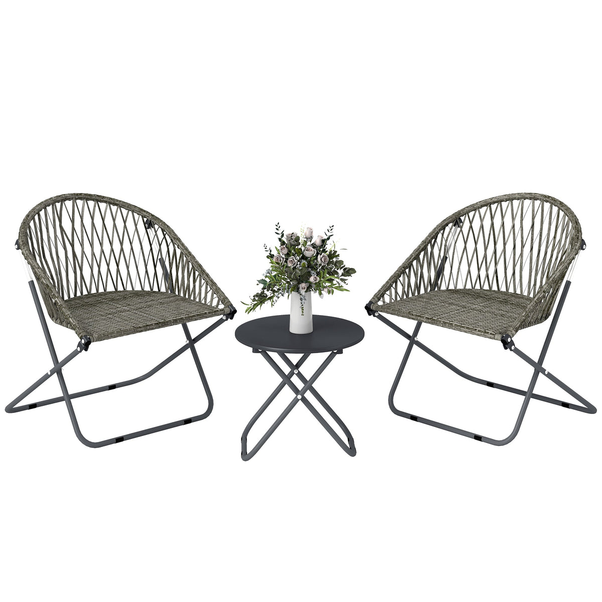 3 Piece Patio Bistro Set with Folding Rattan Chairs, Grey