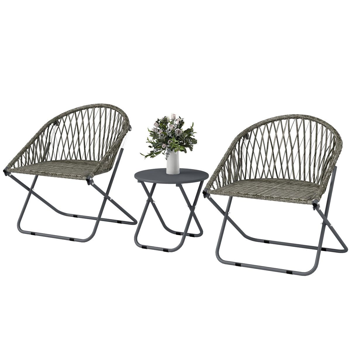 3 Piece Patio Bistro Set with Folding Rattan Chairs, Grey