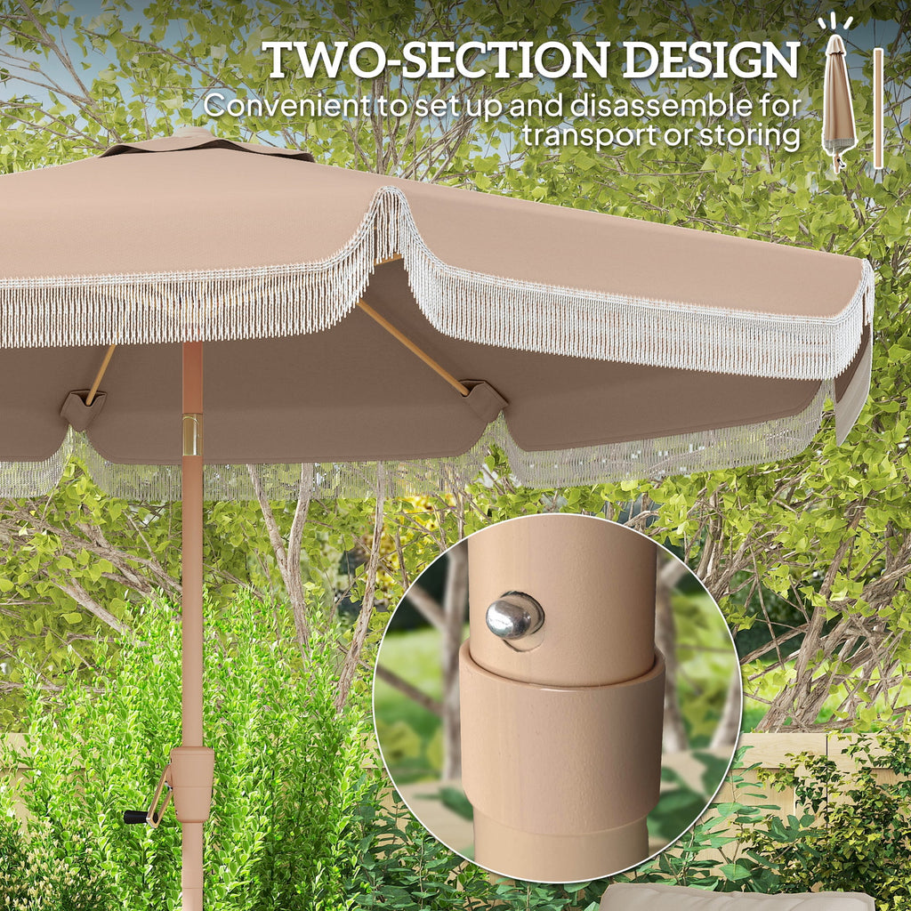 9ft Fringed Patio Umbrella with Push Button Tilt and Crank, Khaki