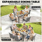 7-Piece Rattan Dining Set with Extendable Acacia Table and 6 Cushioned Chairs