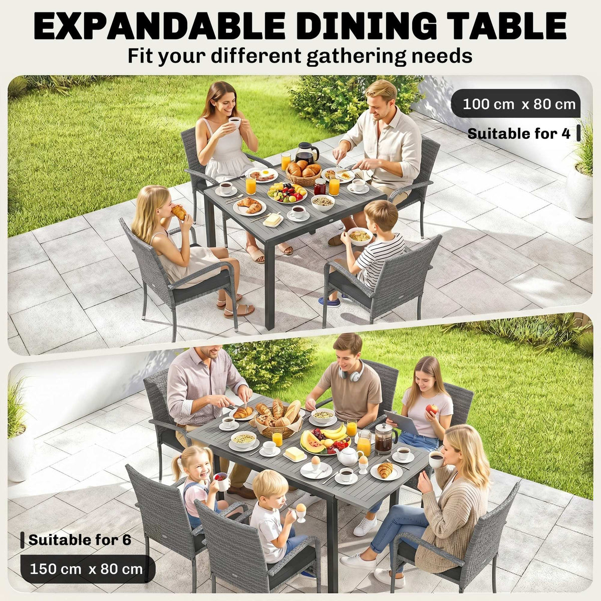 7-Piece Rattan Dining Set with Extendable Acacia Table and 6 Cushioned Chairs