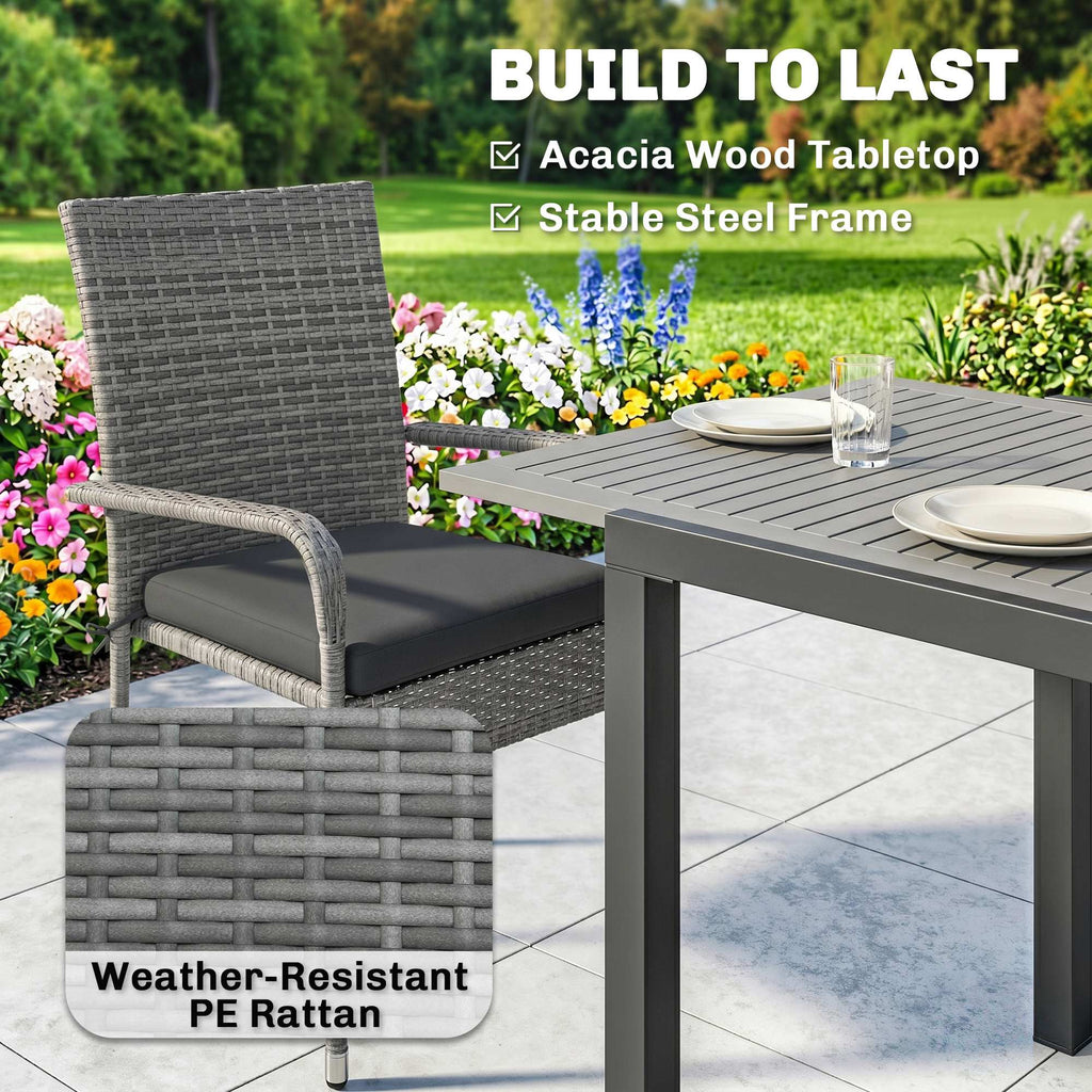 7-Piece Rattan Dining Set with Extendable Acacia Table and 6 Cushioned Chairs