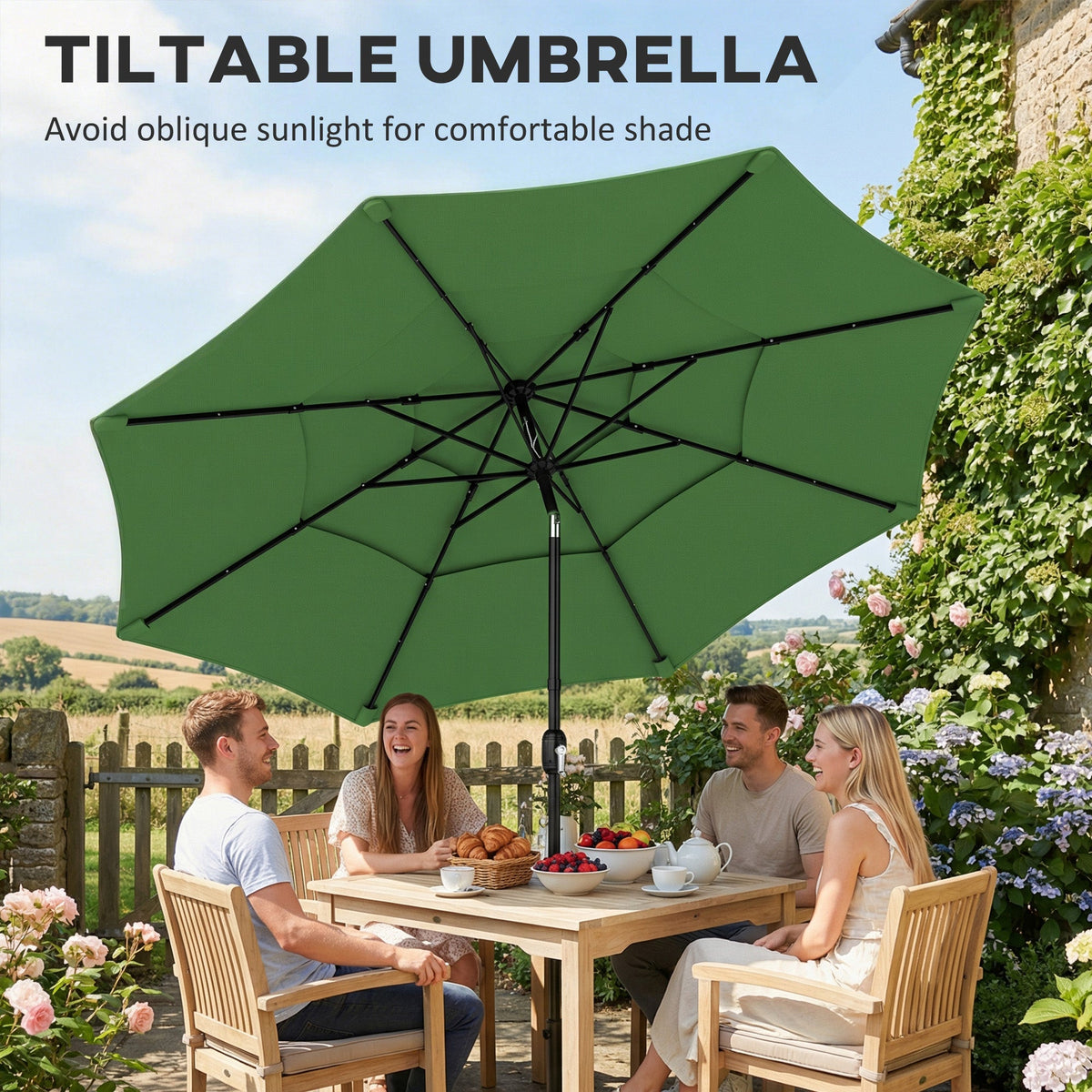 3 m Garden Parasol with 3-Tier Roof, Crank Handle & Tilt, Green
