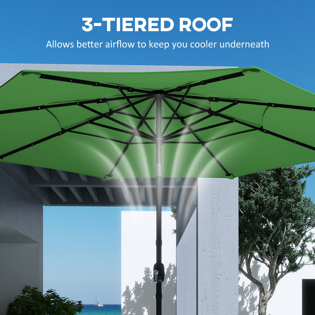 3 m Garden Parasol with 3-Tier Roof, Crank Handle & Tilt, Green