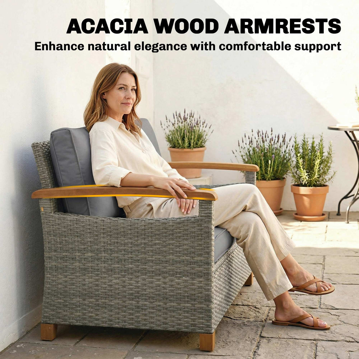 2-Seater Rattan Loveseat with Thick Cushions & Acacia Armrests, Dark Grey