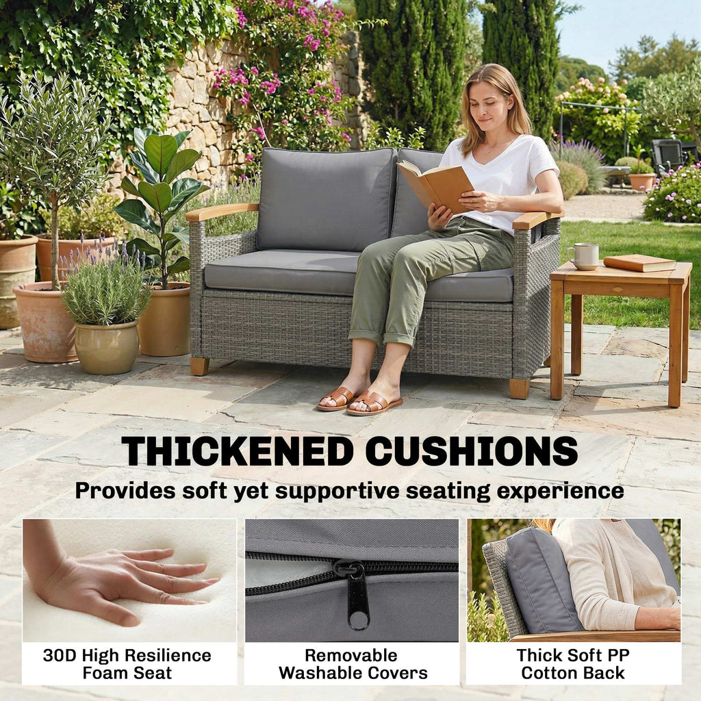 2-Seater Rattan Loveseat with Thick Cushions & Acacia Armrests, Dark Grey