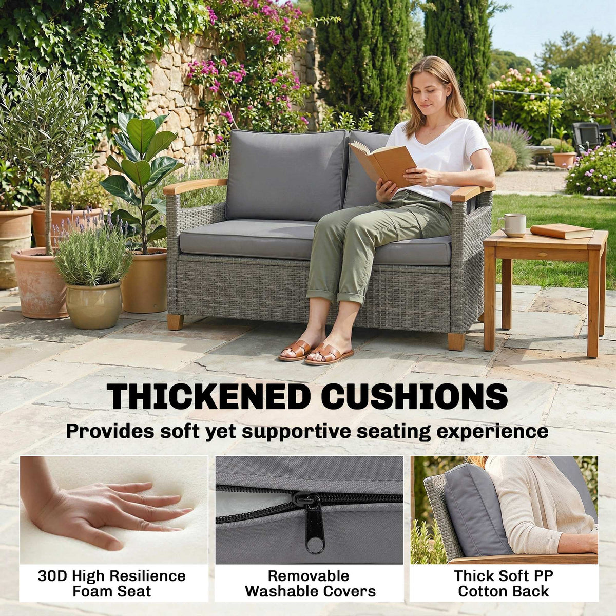 2-Seater Rattan Loveseat with Thick Cushions & Acacia Armrests, Dark Grey
