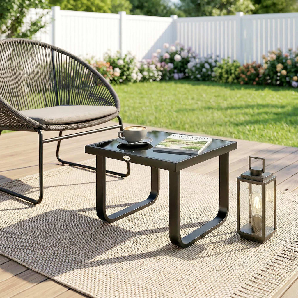 Metal Side Table with Tempered Glass Top & Adjustable Feet, 45x45x33 cm, Black
