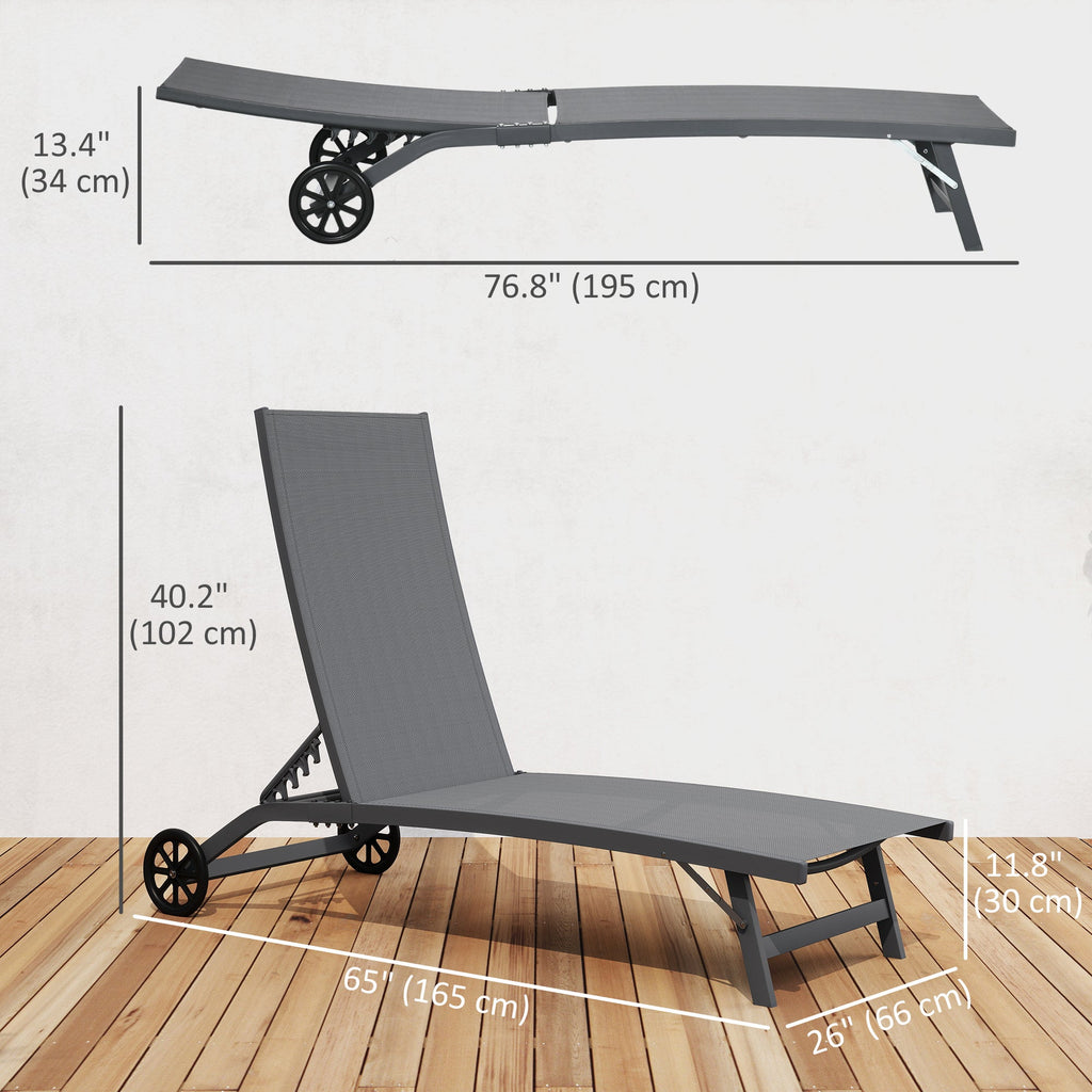 Set of 2 Outdoor Lounge Chairs with Wheels and Mesh Seat, Dark Grey
