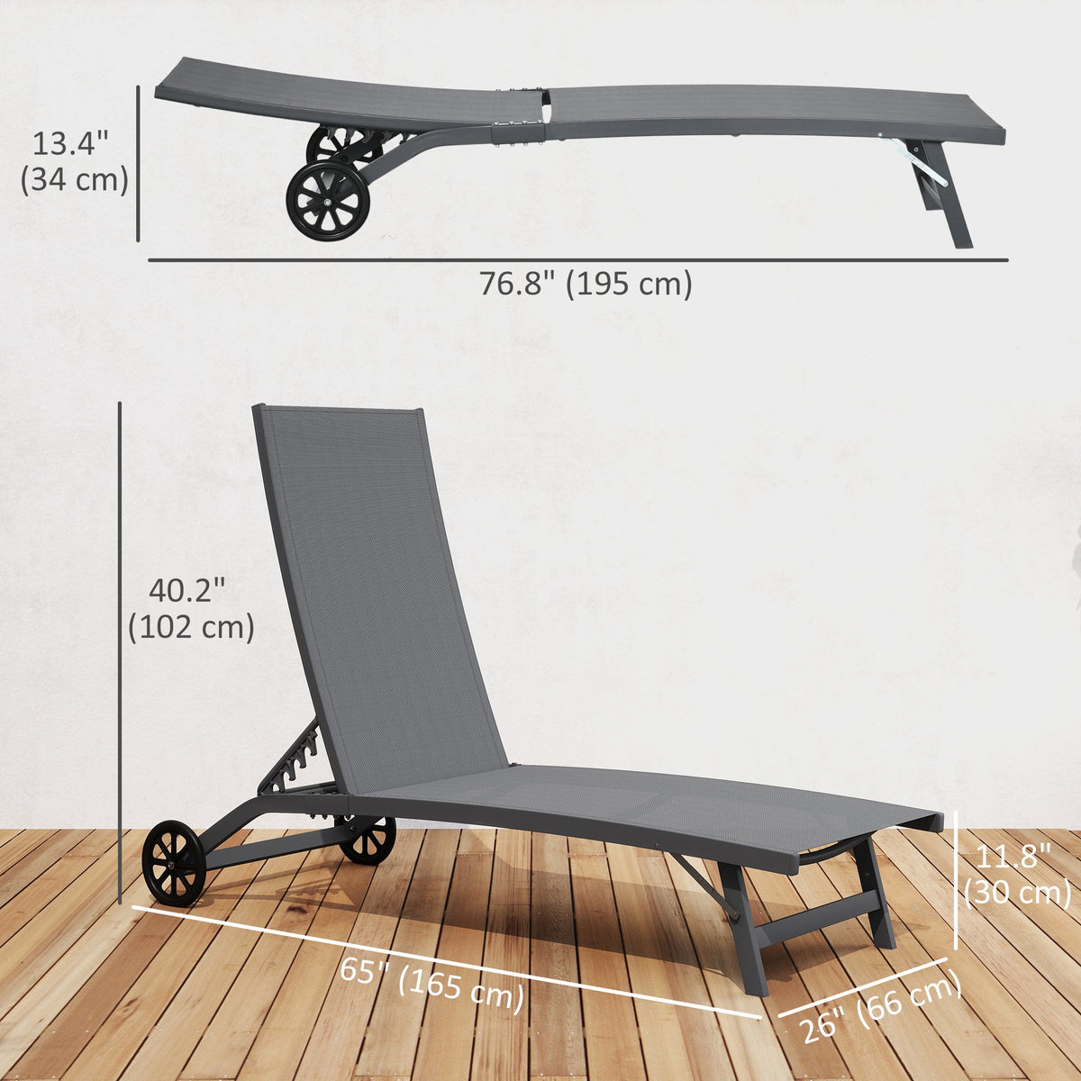 Set of 2 Outdoor Lounge Chairs with Wheels and Mesh Seat, Dark Grey
