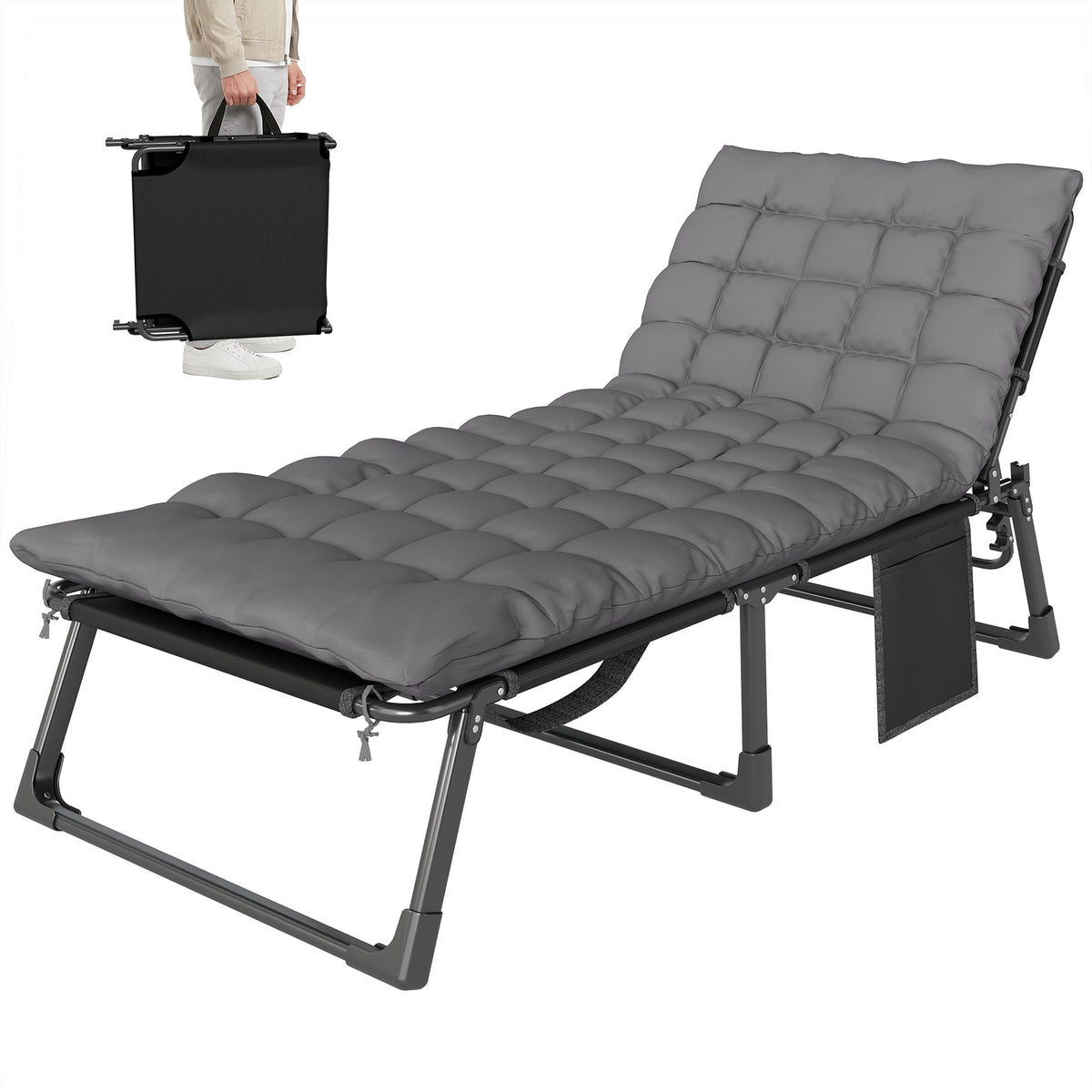 Folding Lounge Chair, 75 cm Wide with Cushion and Side Pocket, Dark Grey
