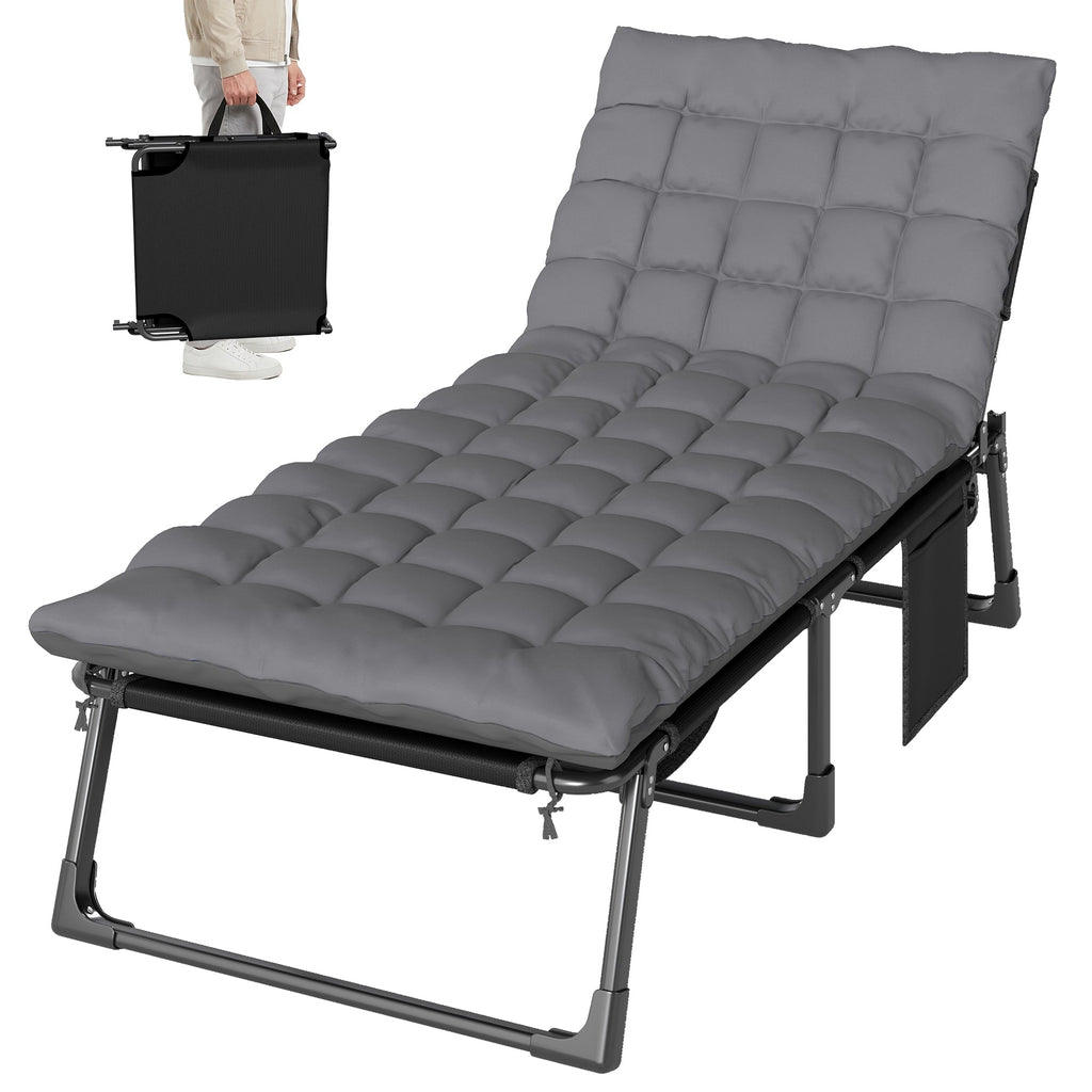 Folding Lounge Chair, 75 cm Wide with Cushion and Side Pocket, Dark Grey