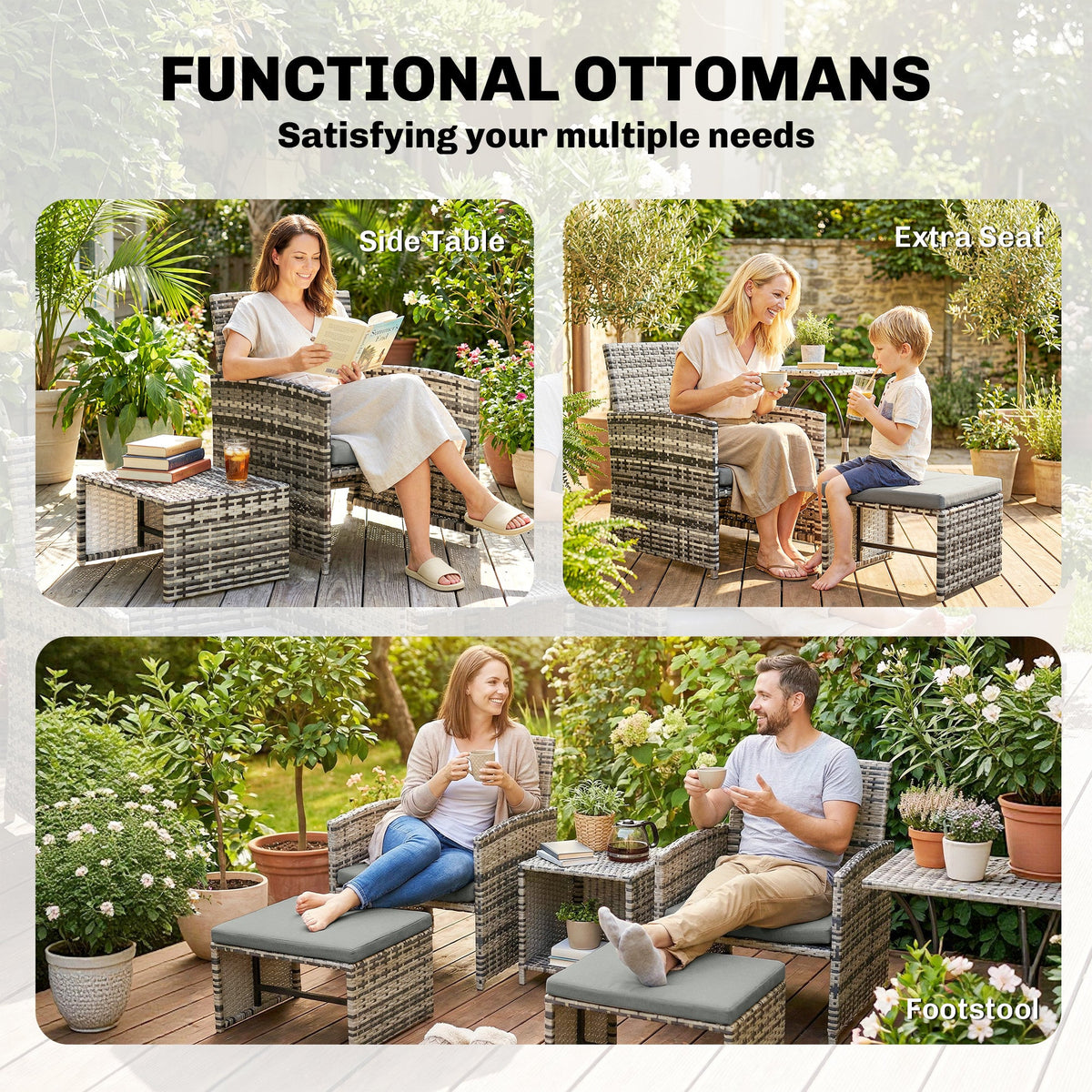 6 Piece Rattan Garden Furniture Set with 2 Nesting Tables, Grey