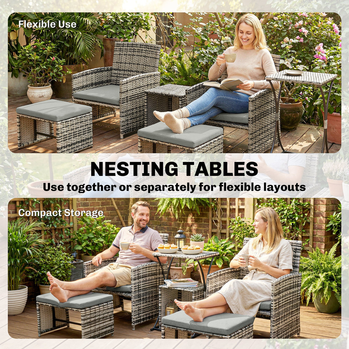 6 Piece Rattan Garden Furniture Set with 2 Nesting Tables, Grey