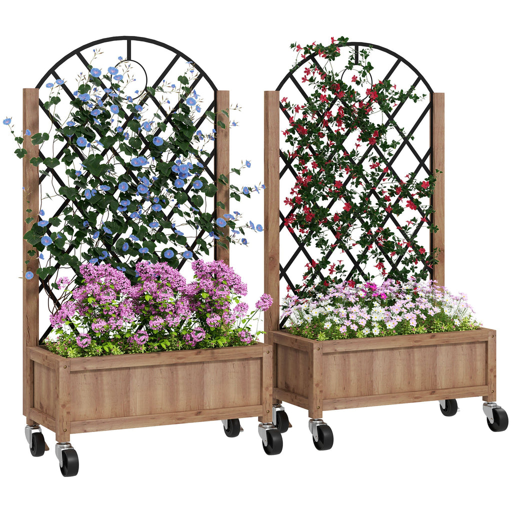 2 Pack Raised Garden Beds with Metal Trellis, Wheels and Drainage, Brown