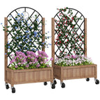 2 Pack Raised Garden Beds with Metal Trellis, Wheels and Drainage, Brown