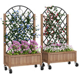 2 Pack Raised Garden Beds with Metal Trellis, Wheels and Drainage, Brown