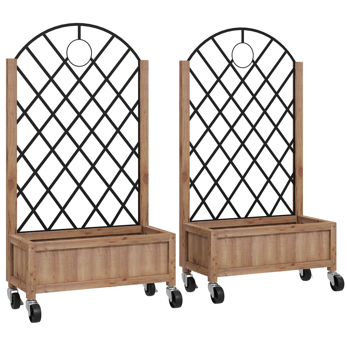 2 Pack Raised Garden Beds with Metal Trellis, Wheels and Drainage, Brown