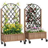 2 Pack Raised Garden Beds with Metal Trellis, Wheels and Drainage, Brown