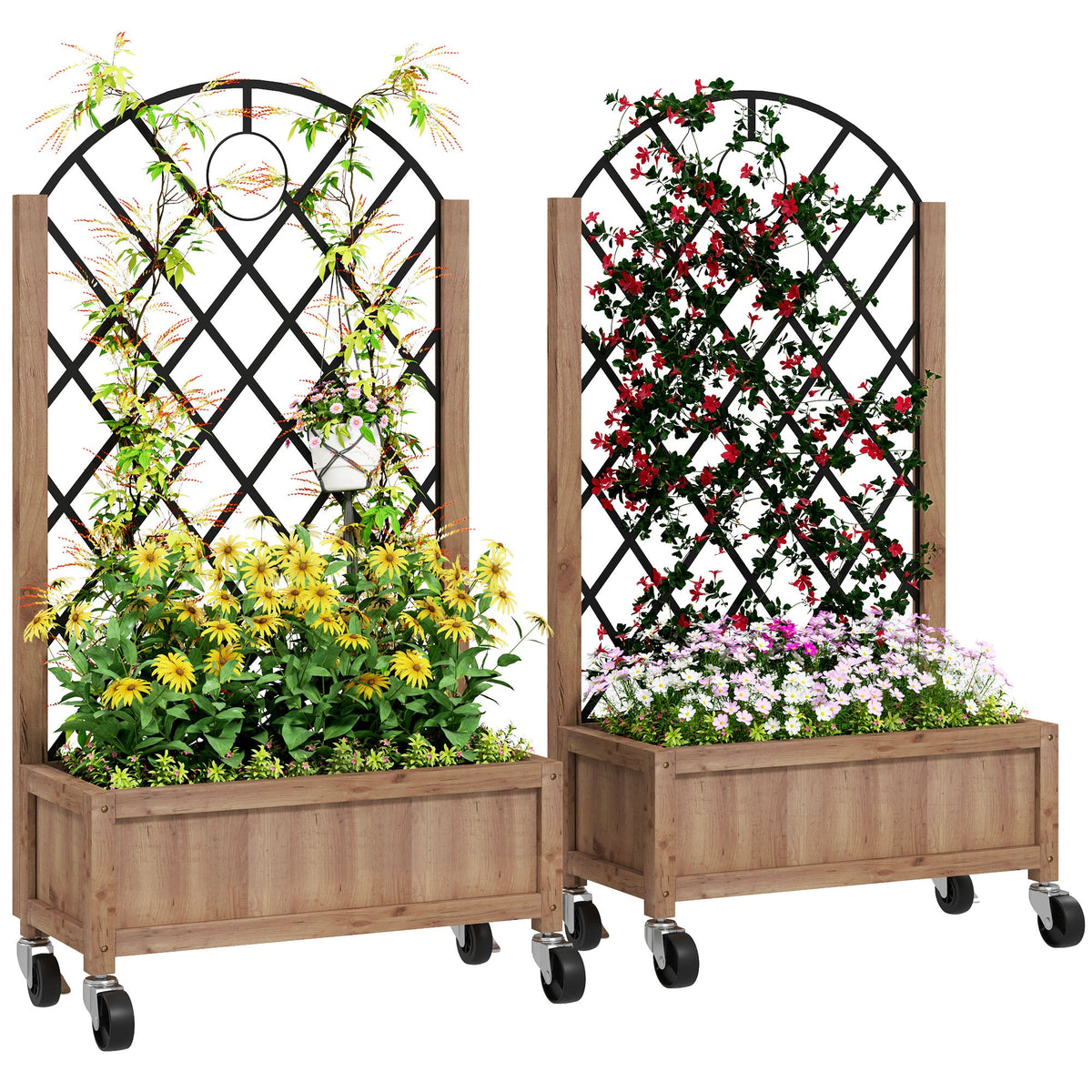 2 Pack Raised Garden Beds with Metal Trellis, Wheels and Drainage, Brown