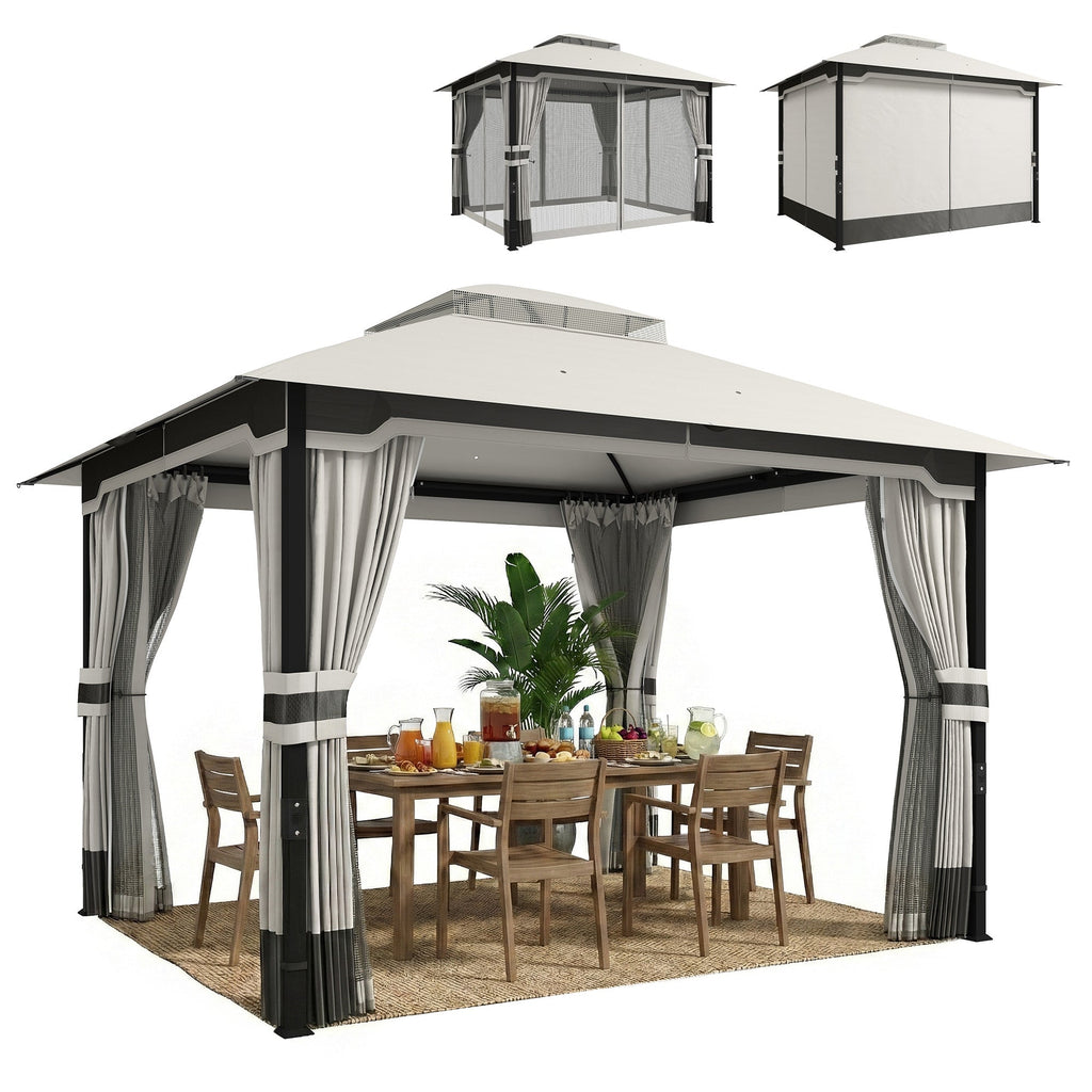 3 x 3.6 m Garden Gazebo with Double Roof, Netting & Curtains, Light Grey