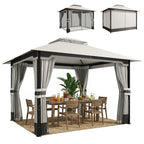 3 x 3.6 m Garden Gazebo with Double Roof, Netting & Curtains, Light Grey