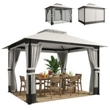 3 x 3.6 m Garden Gazebo with Double Roof, Netting & Curtains, Light Grey
