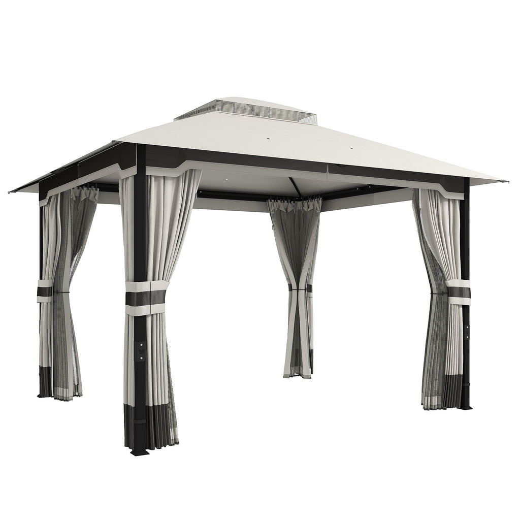 3 x 3.6 m Garden Gazebo with Double Roof, Netting & Curtains, Light Grey
