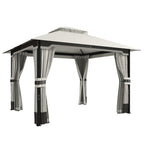 3 x 3.6 m Garden Gazebo with Double Roof, Netting & Curtains, Light Grey