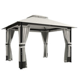 3 x 3.6 m Garden Gazebo with Double Roof, Netting & Curtains, Light Grey