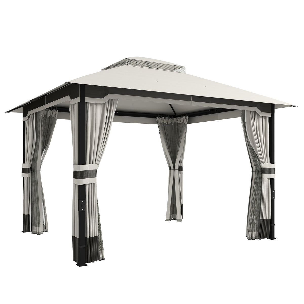 3 x 3.6 m Garden Gazebo with Double Roof, Netting & Curtains, Light Grey