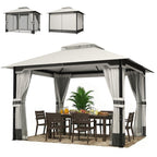 3 x 3.6 m Garden Gazebo with Double Roof, Netting & Curtains, Light Grey