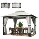 3 x 3.6 m Garden Gazebo with Double Roof, Netting & Curtains, Light Grey