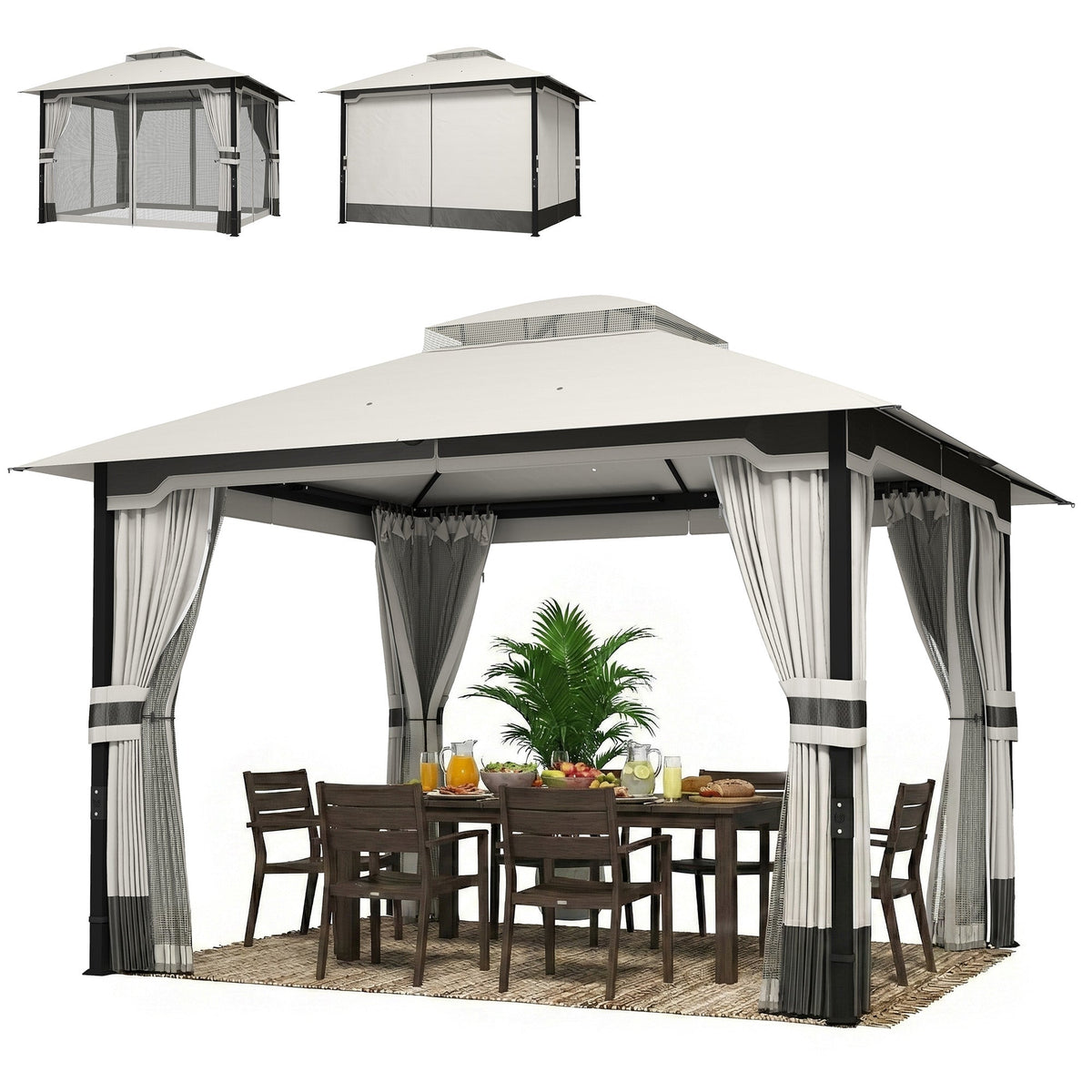 3 x 3.6 m Garden Gazebo with Double Roof, Netting & Curtains, Light Grey