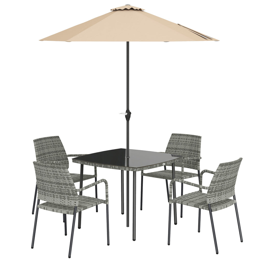 4-Person Rattan Dining Set with Tempered Glass & Tilting Parasol, Light Grey