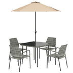 4-Person Rattan Dining Set with Tempered Glass & Tilting Parasol, Light Grey
