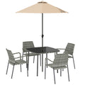 4-Person Rattan Dining Set with Tempered Glass & Tilting Parasol, Light Grey